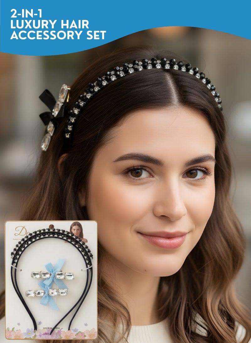 طوق رأس مرصع بالكريستال للنساء مع مشابك شعر متناسقة - طقم إكسسوارات شعر مرصع بأحجار الراين لحفلات الزفاف والمناسبات الاحتفالية، طوق شعر فاخر مرصع بالأحجار لحفلات الزفاف والحفلات والمناسبات الاحتفالية - Image 1